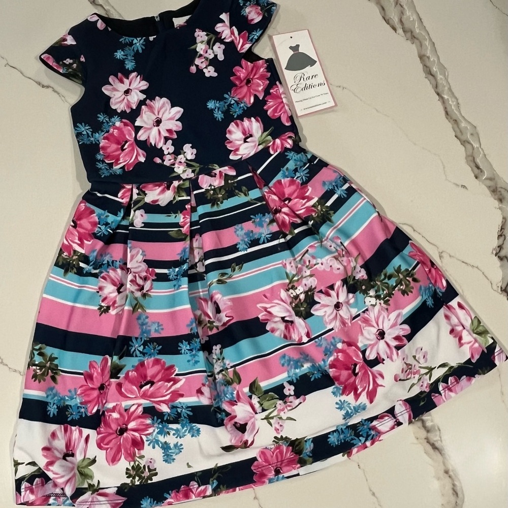 Rare Editions Navy and Pink Floral Kids Dress